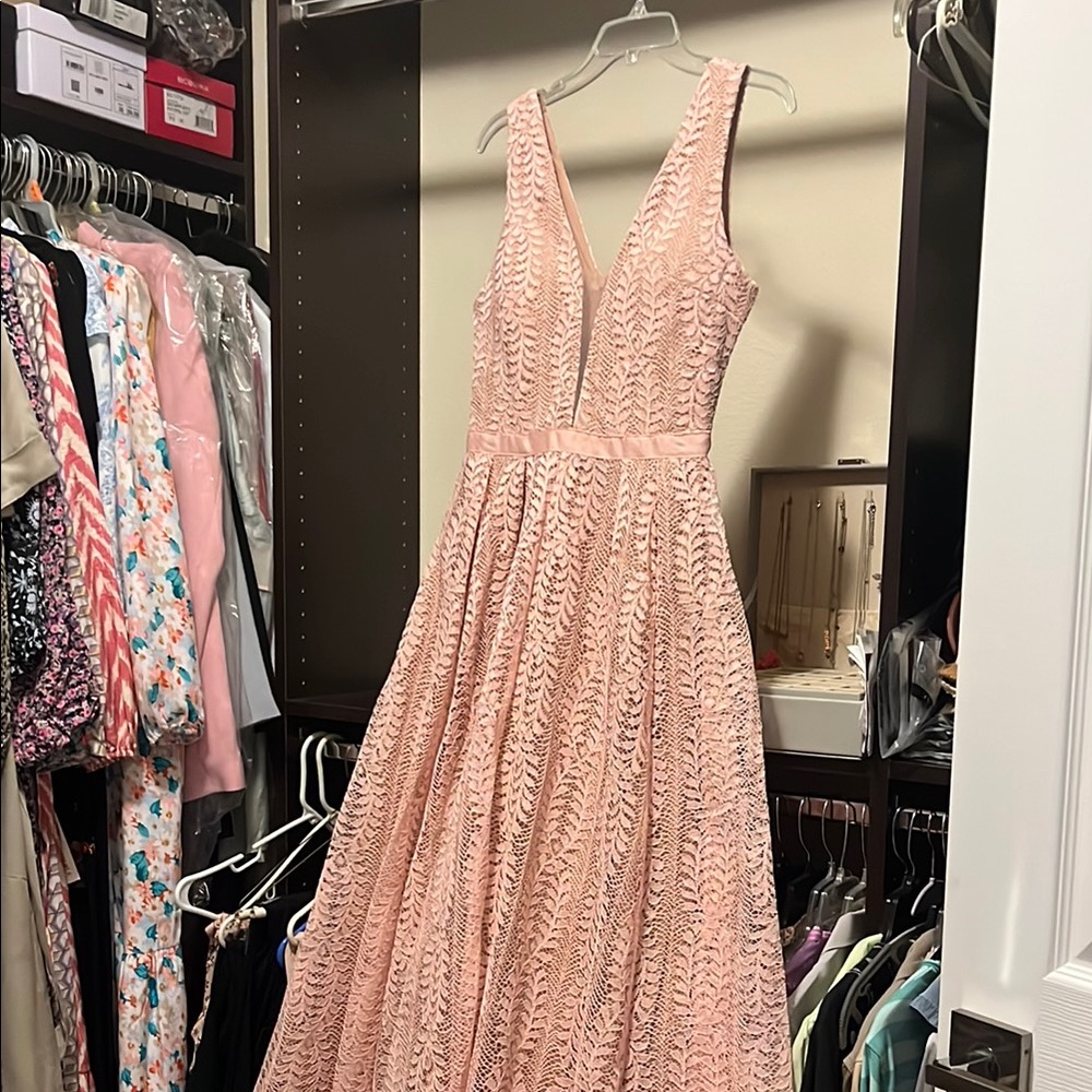 Elegant Pink Lace prom occasion maxi Dress